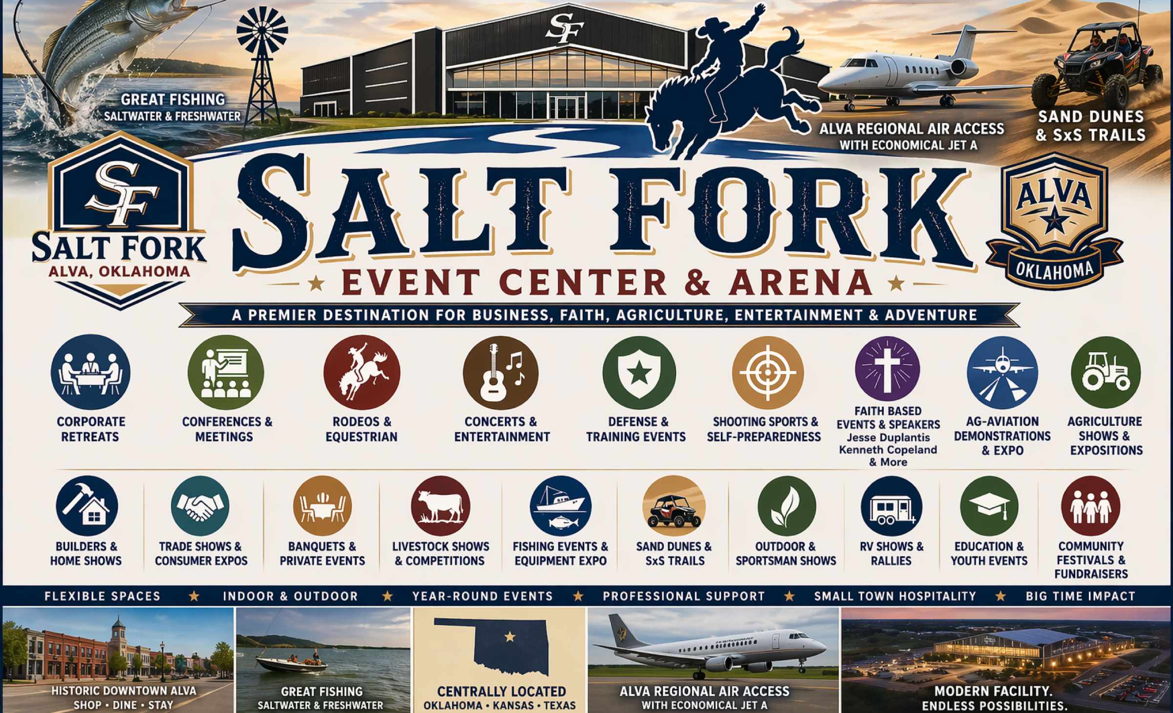 Salt Fork Arena Event Center & Arena promotional graphic for Alva, Oklahoma – highlights the venue’s versatility for corporate retreats, conferences and meetings, rodeos and equestrian events, concerts and entertainment, defense and training events, shooting sports and self‑preparedness, faith‑based events, ag‑aviation demonstrations, agriculture shows and expositions, builders and home shows, trade shows and consumer expos, banquets and private events, livestock shows and competitions, fishing events and equipment expos, sand dunes and SxS trails, outdoor and sportsman shows, RV shows and rallies, education and youth events, and community festivals and fundraisers, with flexible indoor and outdoor spaces, year‑round events, professional support, small‑town hospitality, and modern facilities in Alva, Oklahoma.